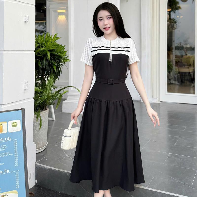 Váy Đầm Thiết Kế Ella Desgin dành cho nữ kiểu dáng maxi phối đai khóa kéo cổ phù hợp mặc đi làm đi chơi, có bigsize A55