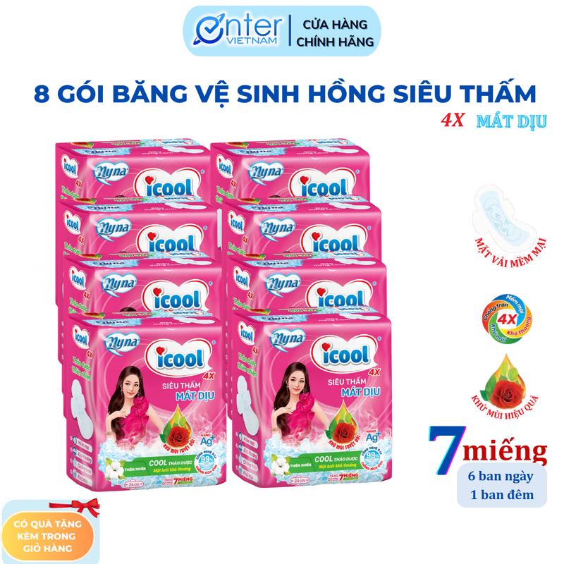 Băng Vệ Sinh ICOOL Siêu Thấm Hồng 7 Miếng BVS Ban ngày Có Cánh 24cm MẶT VẢI khô thoáng, thấm hút, Bạc hà MÁT DỊU Tampon Nữ Women