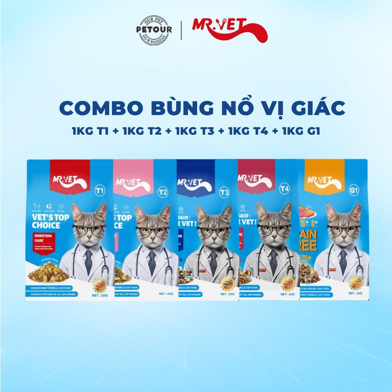 Combo Bùng Nổ Vị Giác gồm 1kg Mr.Vet T1 + 1kg Mr.Vet T2 + 1kg Mr.Vet T3 + 1kg Mr.Vet T4 + 1kg Mr.Vet G1 dành cho mèo mọi lứa tuổi với Topping Thịt gà, Tôm Krill, Cá trứng,.. giảm rụng lông