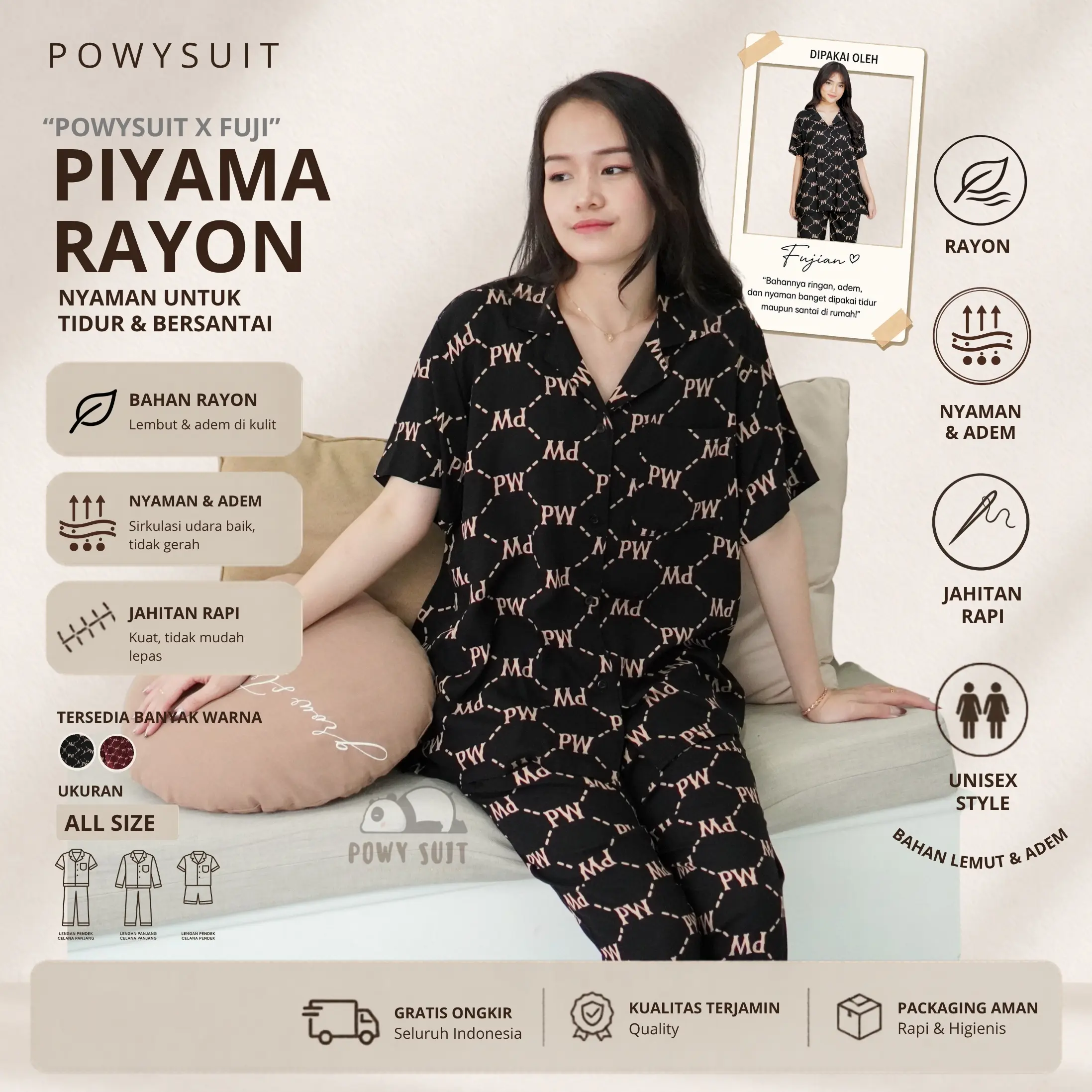 [Powysuit x Fuji] Piyama Rayon PW Wanita Motif Lengan Pendek dan Setelan Celana Panjang - Baju Tidur Bahan Nyaman Berkualitas Tinggi Busui Lembut Dewasa