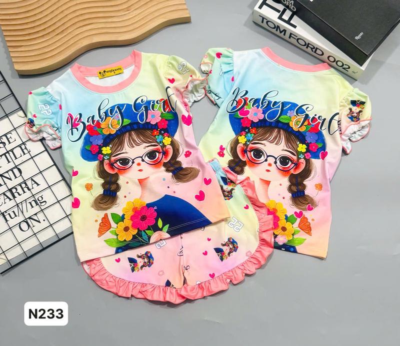   13-48kg  Bộ cộc tay quần đùi thun lạnh in hoạ tiết  hình hoạt hình siêu cưng cho bé gái mặc đi học đi chơi thoải mái chất mềm mịn giặt máy thoải mái 