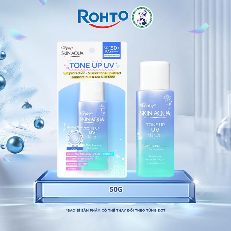 Kem chống nắng nâng tông cho da vàng khuyết điểm đỏ dạng sữa Sunplay Skin Aqua Tone Up UV Milk Blue SPF 50+ PA++++ 50g