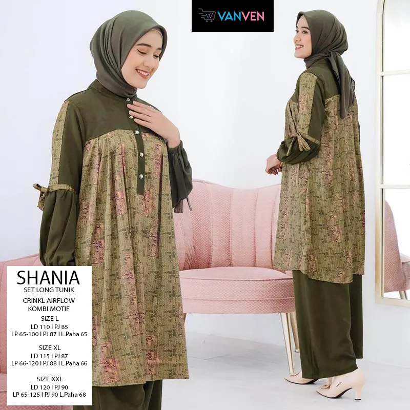 VANVEN - Shania Set Long Tunik Crinkle / Oneset Tunik Motif / Setelan Wanita Dewasa / Set Baju Celana Kulot Wanita Remaja
