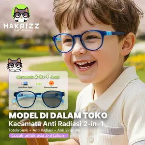 MAKRIZZ Kacamata Anak Photochromic Anti Blue Light - Untuk Main Gadget & Aktivitas Outdoor, Super Ringan 14g, Bisa Untuk Lensa Minus. Cocok Usia 2-8 Th. Gratis Kotak dan Bonus Sticker Karakter!-101S