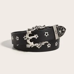 Ikat Pinggang Unisex Punk Rock Tahan Lama Belt Gaya Santai Preppy Punk Untuk Wanita Pria Dengan Jeans Fashion Accessories Sabuk Keling Bintang Kulit PU Premium Korea Fashion Murah
