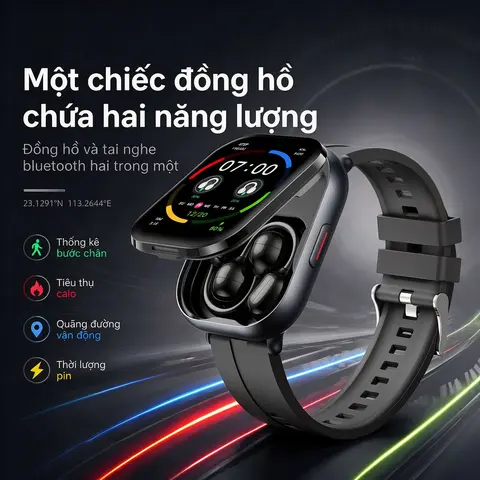 Đồng hồ thông minh với tai nghe Bluetooth tích hợp, theo dõi nhịp tim khi tập thể dục và chạy bộ, kiểm tra giấc ngủ, có thể kết nối với điện thoại và thực hiện cuộc gọi cũng như nhận cuộc gọi.
