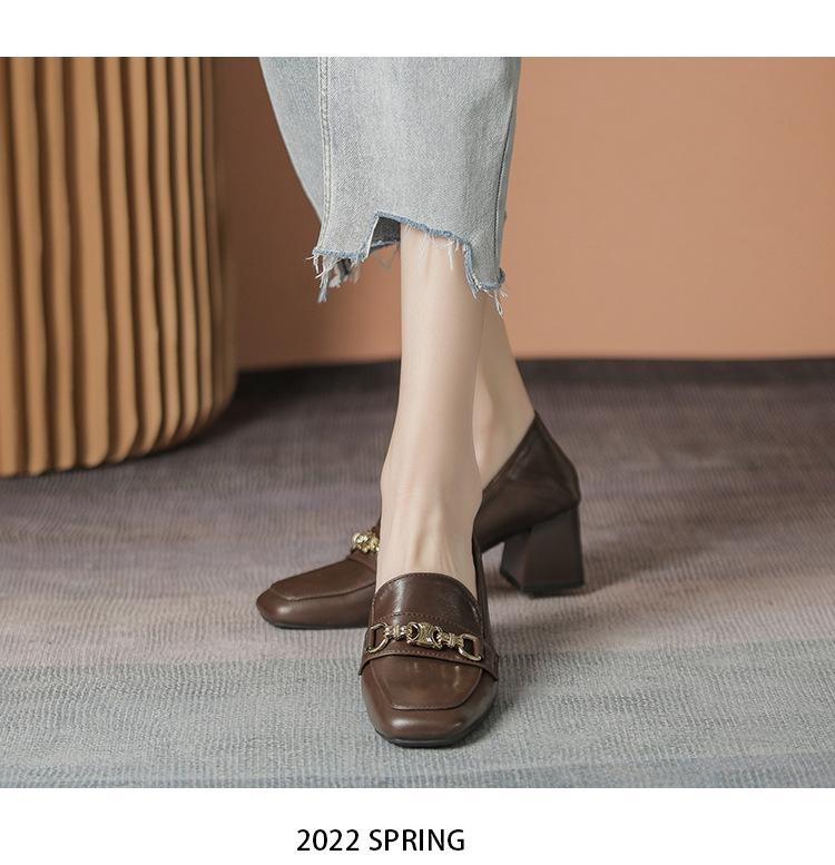 Product Introduction of Lefu shoes, white leather shoes, fashionable design, new high heels, square toe, thick heel shoes 17