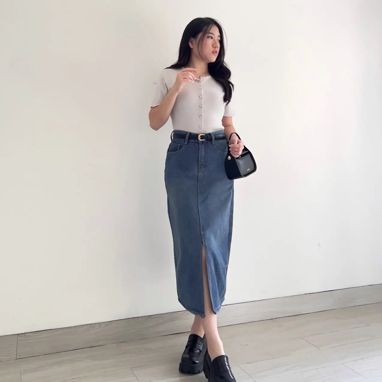 KLAVEE — HAZEL DENIM SKIRT / Rok Jeans Wanita / Midi Korean Style Skirt