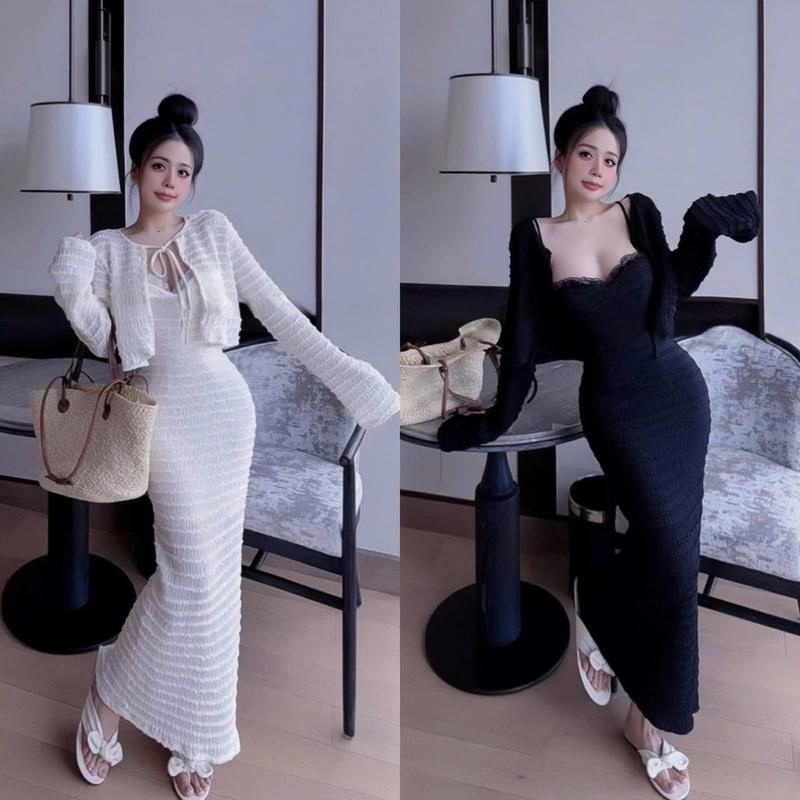  Đầm váy nữ thun ren thiết kế 2 dây cổ vuông nhún eo kèm khoác ngoài croptop tay dài xinh xắn dành cho các nàng diện đi chơi đi tiệc 