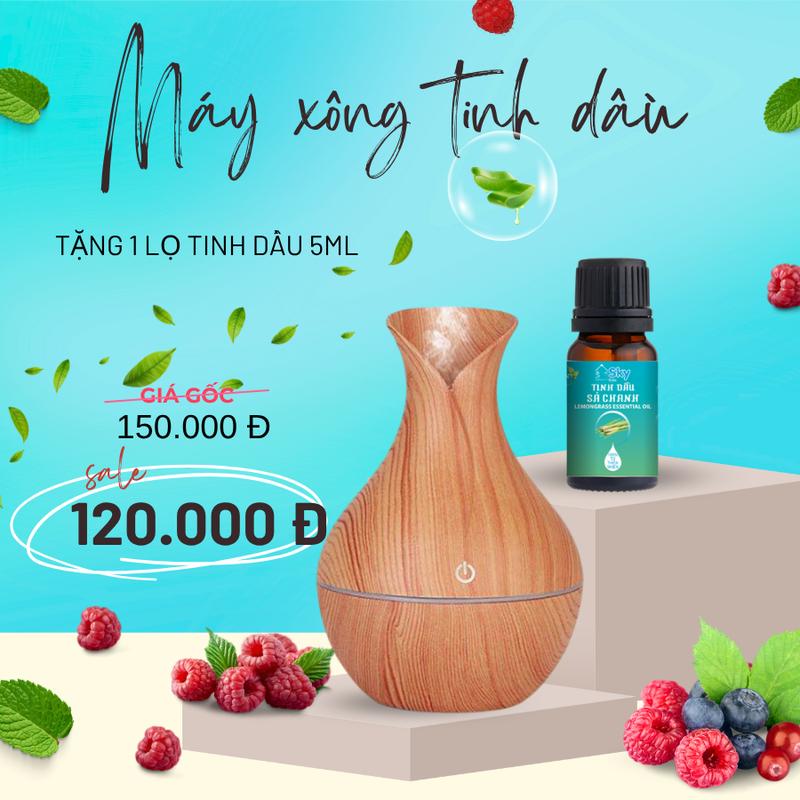  COMBO Máy Khuếch Tán Tinh Dầu Làm Thơm Phòng Máy Xông Tinh Dầu Tulip Đa Chức Năng 130ml Vân Gỗ Đèn Led Đổi Màu Tặng Kèm 1 lọ 5ml tinh dầu tự chọn 