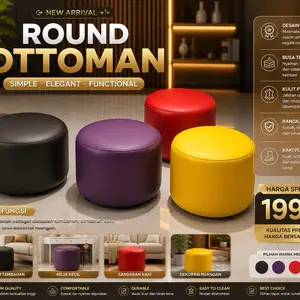 Sofa Puff Mini Santai Tahan Lama Kayu Mahoni Furniture Elegan Kulit Sitentis Anti Air Tinggi 35cm Diameter 40cm bb 100+  Warna Elegan untuk Rumah Hotel Apartemen Kursi Lesehan Mewah