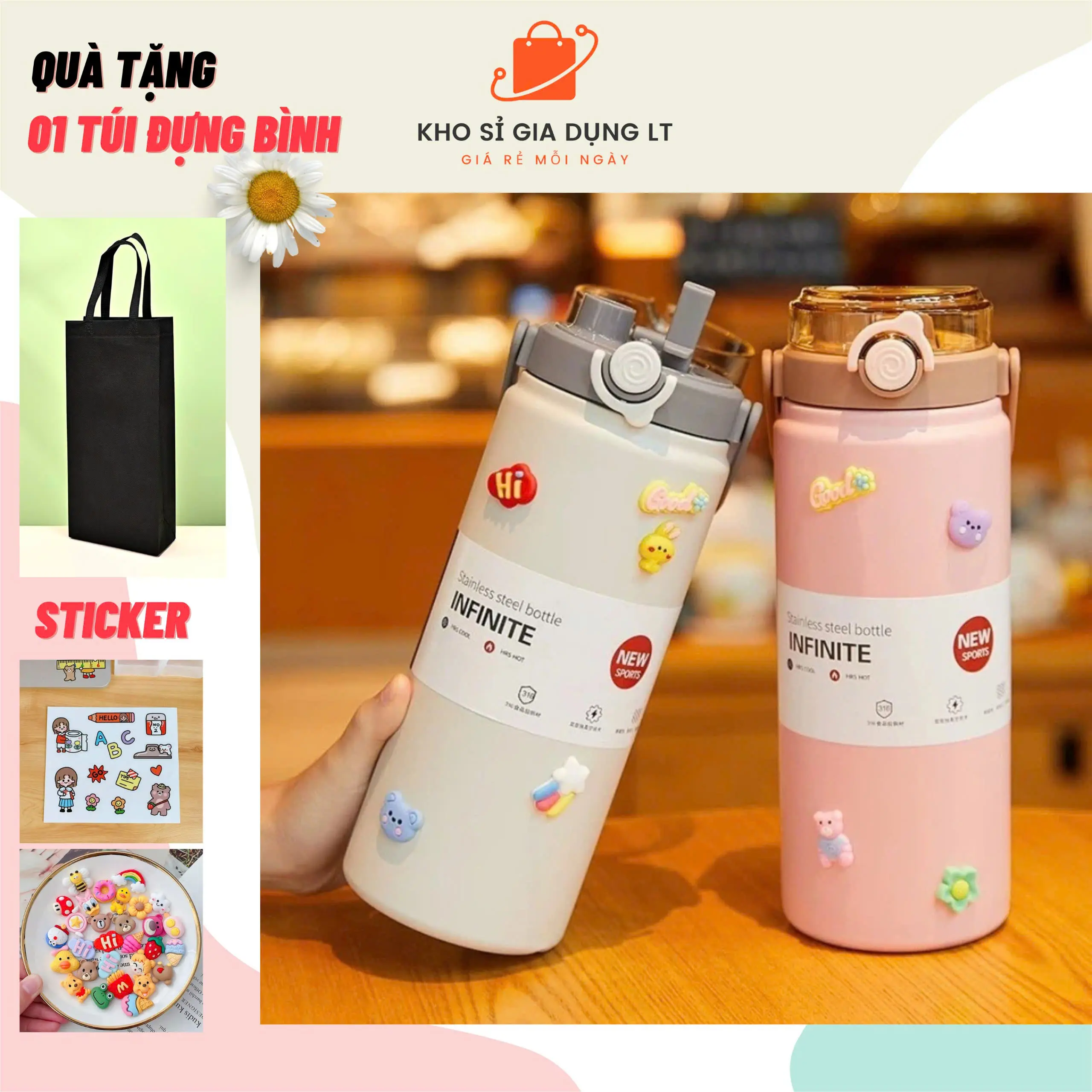 [Tặng túi vải ]Bình giữ nhiệt inox 316 dung tích 800ml, 1000ml, 1200ml cute Boss có quai xách,ống hút tặng kèm hình dán 2D, 3D, túi đựng bình