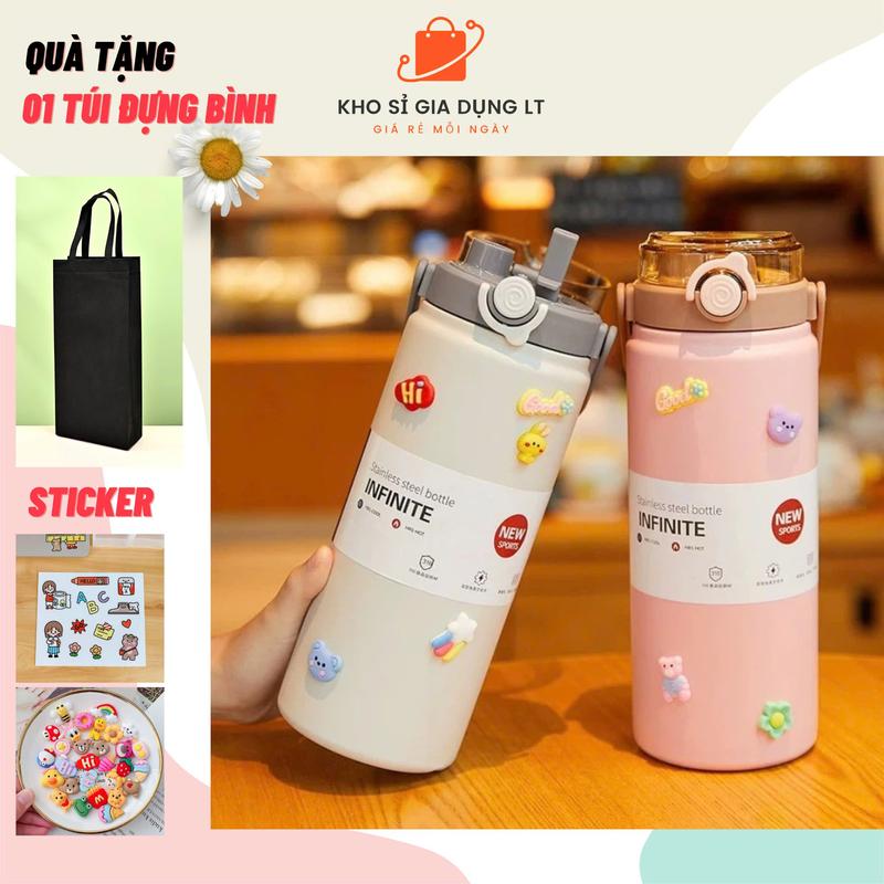 Tặng túi vải Bình giữ nhiệt inox 316 dung tích 800ml 1000ml 1200ml cute Boss có quai xách,ống hút tặng kèm hình dán 2D 3D túi đựng bình