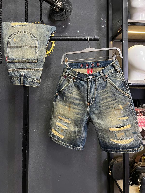 [Sort Jean Guangzhou Denim-UXH2052 ] Quần Sort Jean Xanh Was Rách Phủ Dơ Sơn Chi Tiết Như Hình QS2106 K3STORE.