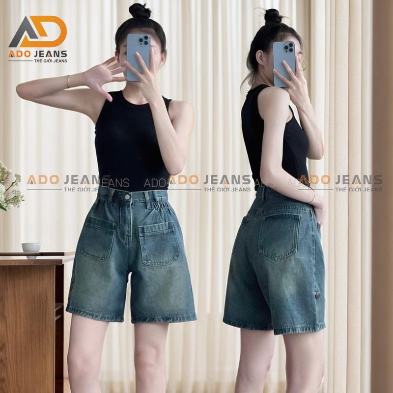 Quần lửng jean eo thun co giãn, quần bò lưng cao ống rộng lai bách lên form xinh ( 1216) Denim Nữ Women