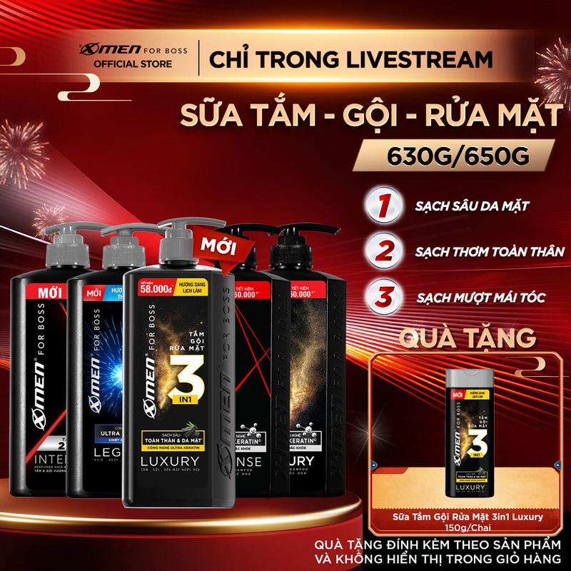  BS   COMBO MUA 1 TẶNG 1  Combo Sữa Tắm gội Xmen for Boss 2in1 Intense 650g 3in1 Legend 630g + Tặng Sữa Tắm gội rửa mặt 3in1 Luxury 150g  Tắm gội dưỡng 3in1 Legend 150g  Dầu gội Legend 150g 