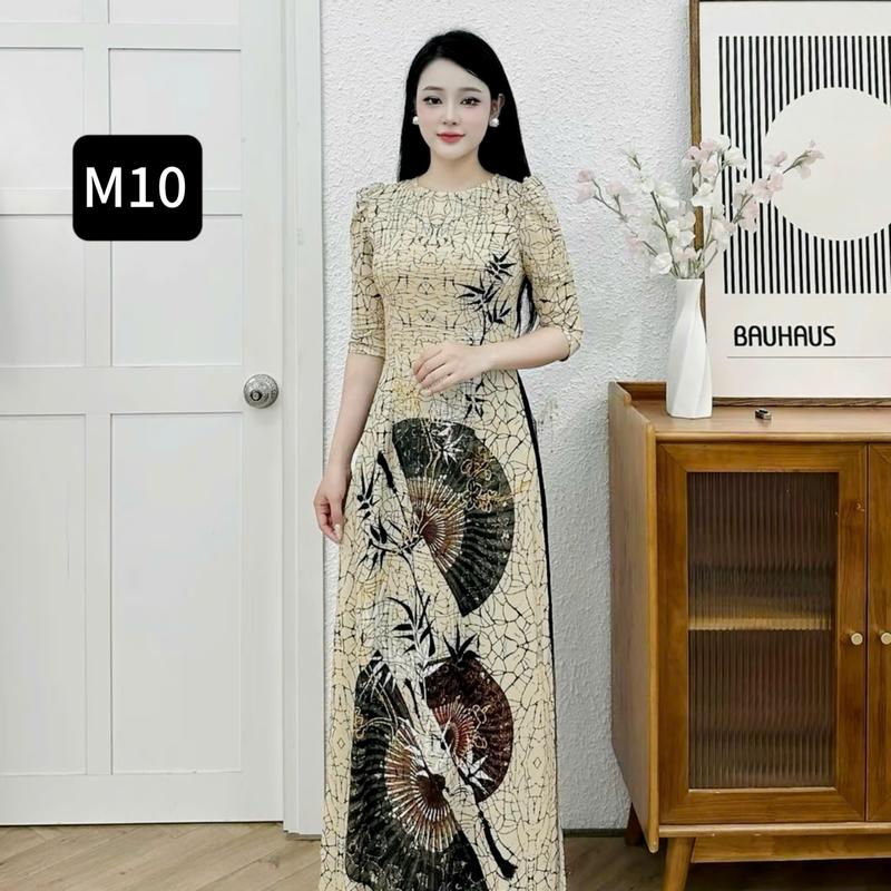 Áo Dài in 6D vải Lụa Nhật Cao Cấp Họa TIết Quạt Quần lụa màu Đen _ M10