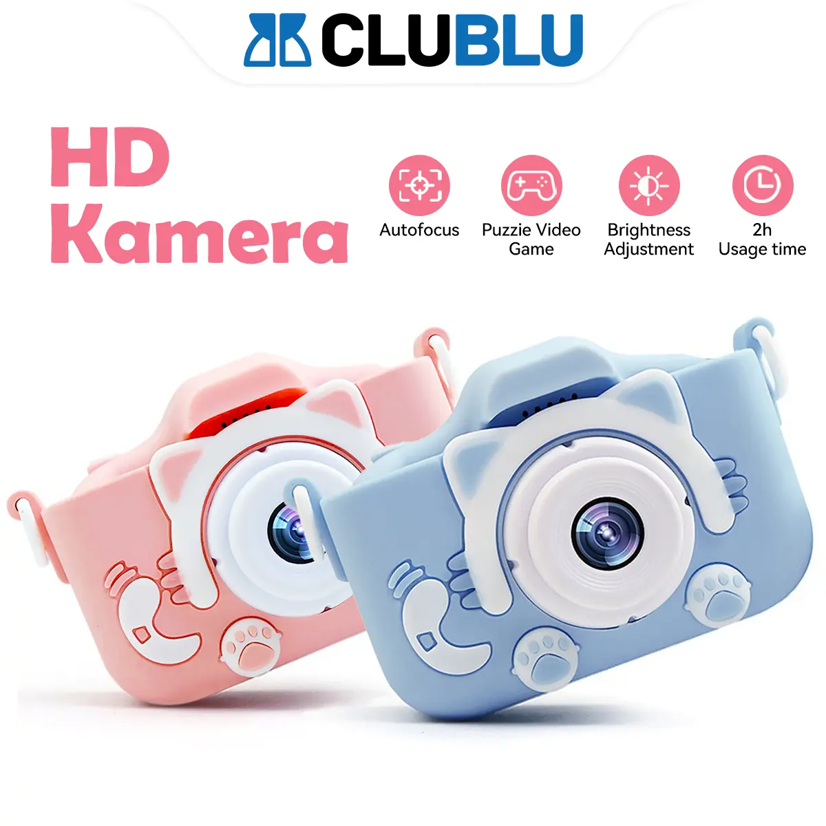 CLUBLU Kamera Mini Digital DSLR Anak Lucu Camera-007 Kucing Kartun Foto 24Juta Piksel Video 1080P Biru & Merah Muda Tahan Guncangan Edukatif