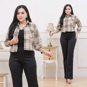 Kemeja Kekinian Crop Top Wanita Terbaru Viral 2024 Bahan Flanel Lengan Panjang Motif Kotak-Kotak dengan Kancing Full  aktif - Tebal (FREE GIFT) Standar Atasan Standar Atasan Outer Nyaman Korean Brown