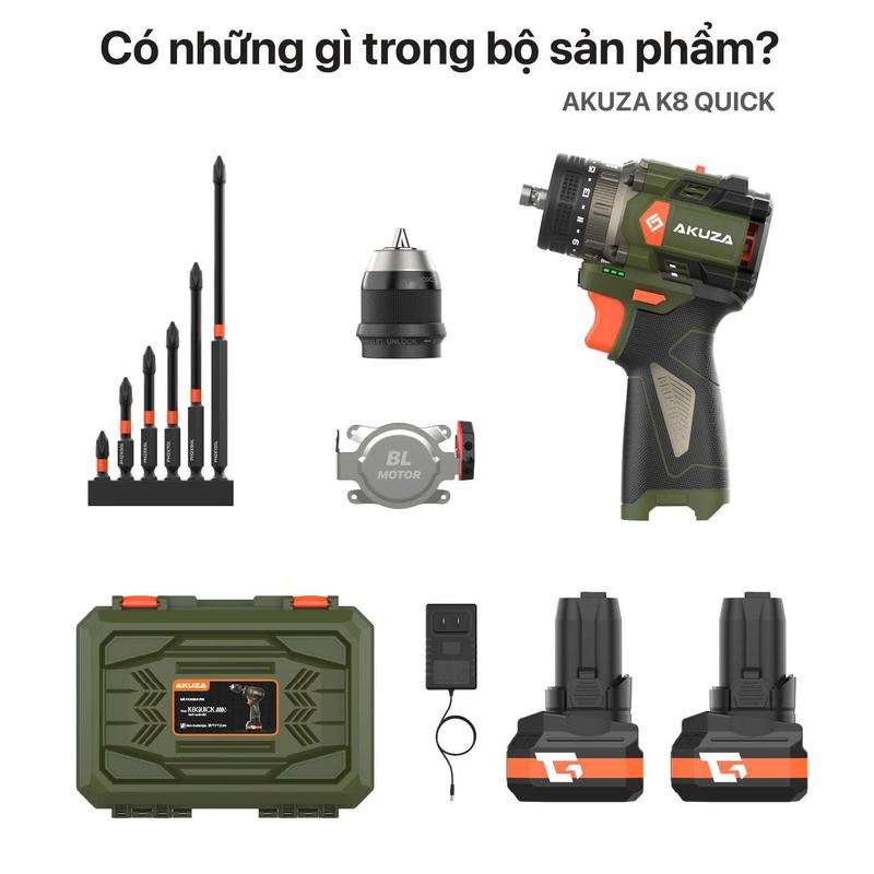 [ MẪU MỚI 2025] Bộ Khoan Dùng Pin AKUZA K8 QUICK 8Cell  - Khoan pin 16,8V Không Chổi Than Đầu Kẹp Autolook 10mm