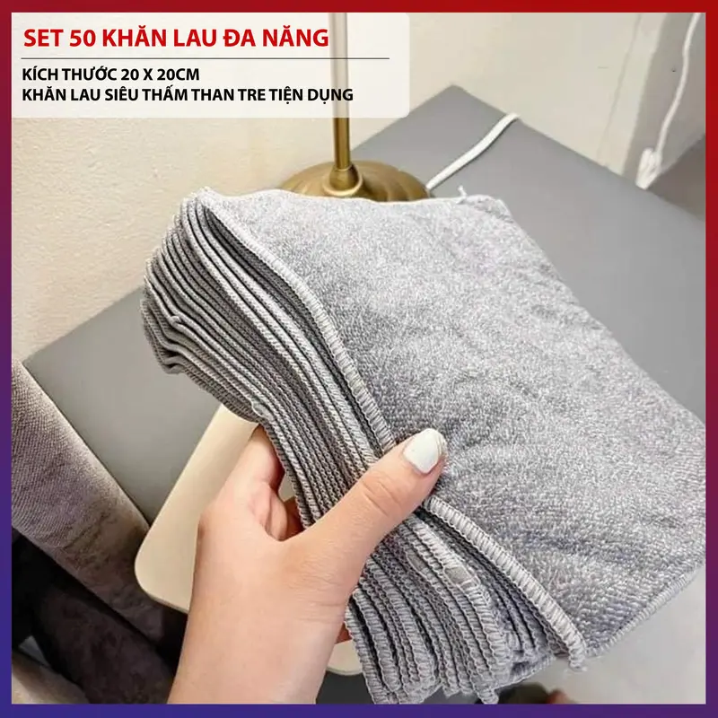 Set 50 Khăn Lau Đa Năng Kích Thước Vuông Siêu Thấm Hút Than Tre Tiện Dụng Cho Mọi Nhà 0