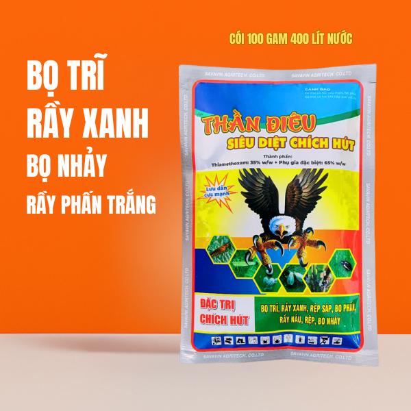  Thần Điêu 100g - Ngăn Chặn Rầy Xanh Bọ Trĩ Bọ Nhảy Rầy Phấn Trắng - Gói 100gam Pha 400lít Nước - Sử Dụng Cho Cây Sầu Riêng Bưởi Cà Chua Ớt Thanh Long Rau Màu 
