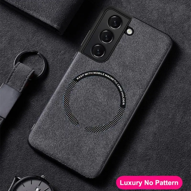 Sarung kulit dan bulu suede untuk Samsung Galaxy S23, S22 Ultra, S21, S20 FE, Magsafe, penutup pengecasan wayarles magnetik