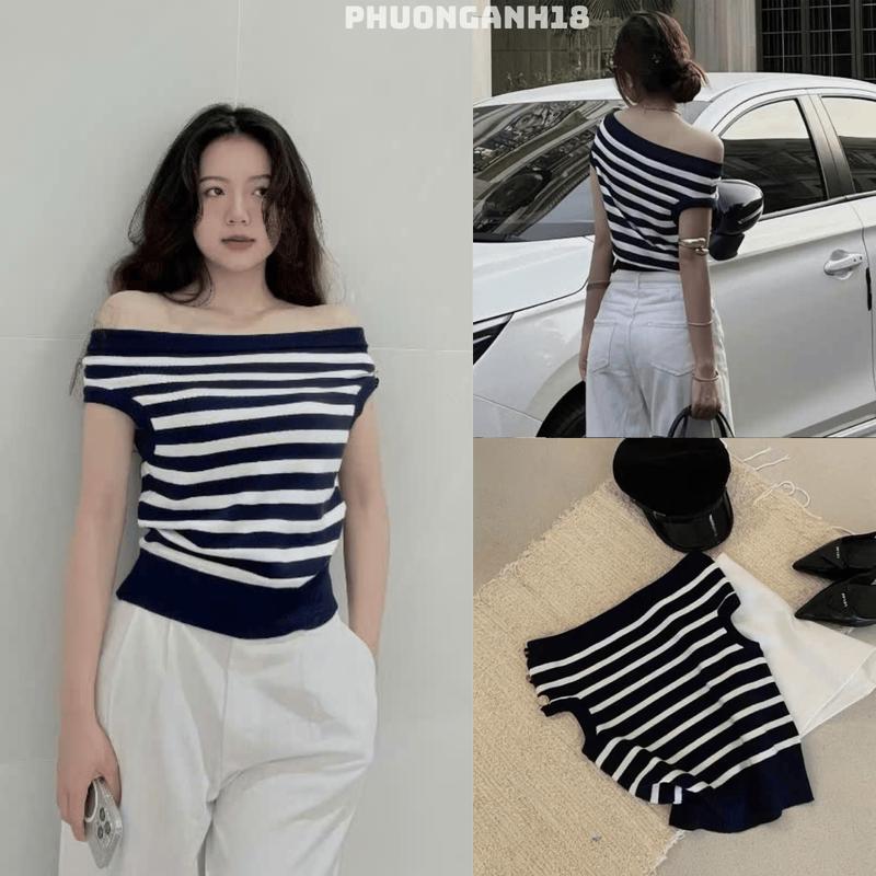 [XẢ KHO] Áo len trễ vai kẻ ngang dáng crotop cúc vai tay ngắn