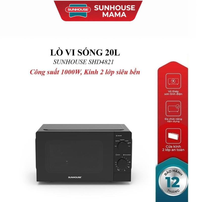 LÒ VI SÓNG 20L SUNHOUSE SHD4821, Công suất 1000W, 6 chế độ nấu, Cài đặt hẹn giờ, Kính 2 lớp siêu bền