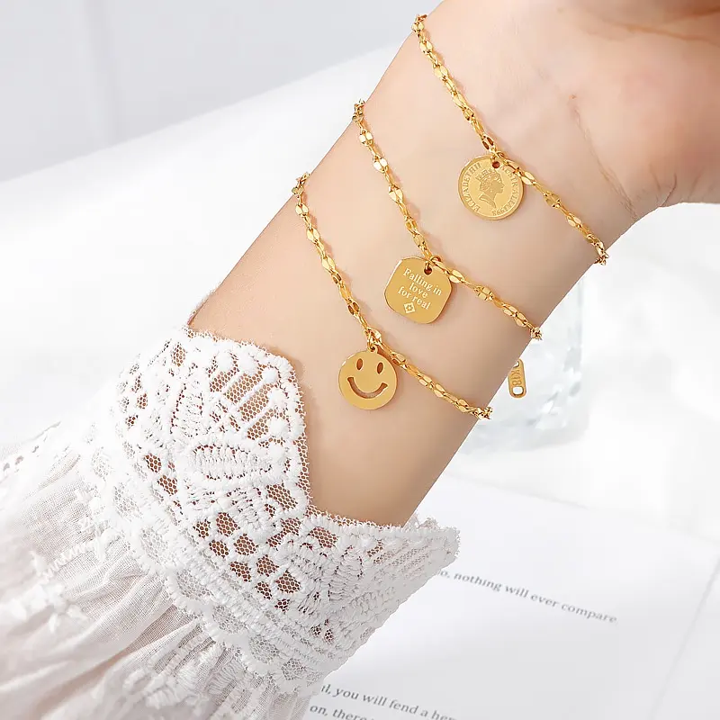 High Quality Titanium Steel Light Luxury Bracelet Simple Square / Smiling Face / Coin Gold Bracelet Ins Metal Coating Non-fading Bracelet