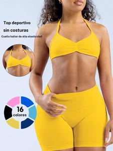 Sujetador deportivo de mujer sin costuras tejido, top de entrenamiento con espalda descubierta y cuello halter, diseño de cintura alta por encima del rodillo, ideal para yoga y ejercicios en el gimnasio
