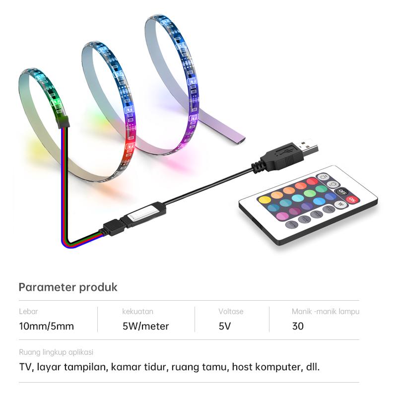 Lampu Strip LED RGB USB CCTV 5050 Putih Hangat IP44 1-5M 5V + Remote Control 5050 lampu  karakter  kamar 9