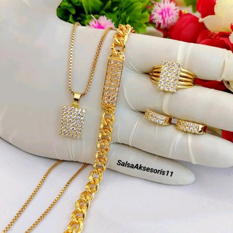 Aksesoris Wanita Dewasa Satu Set Lengkap Terbaru Set Perhiasan Elegan Kalung Cincin Anting Gelang 3