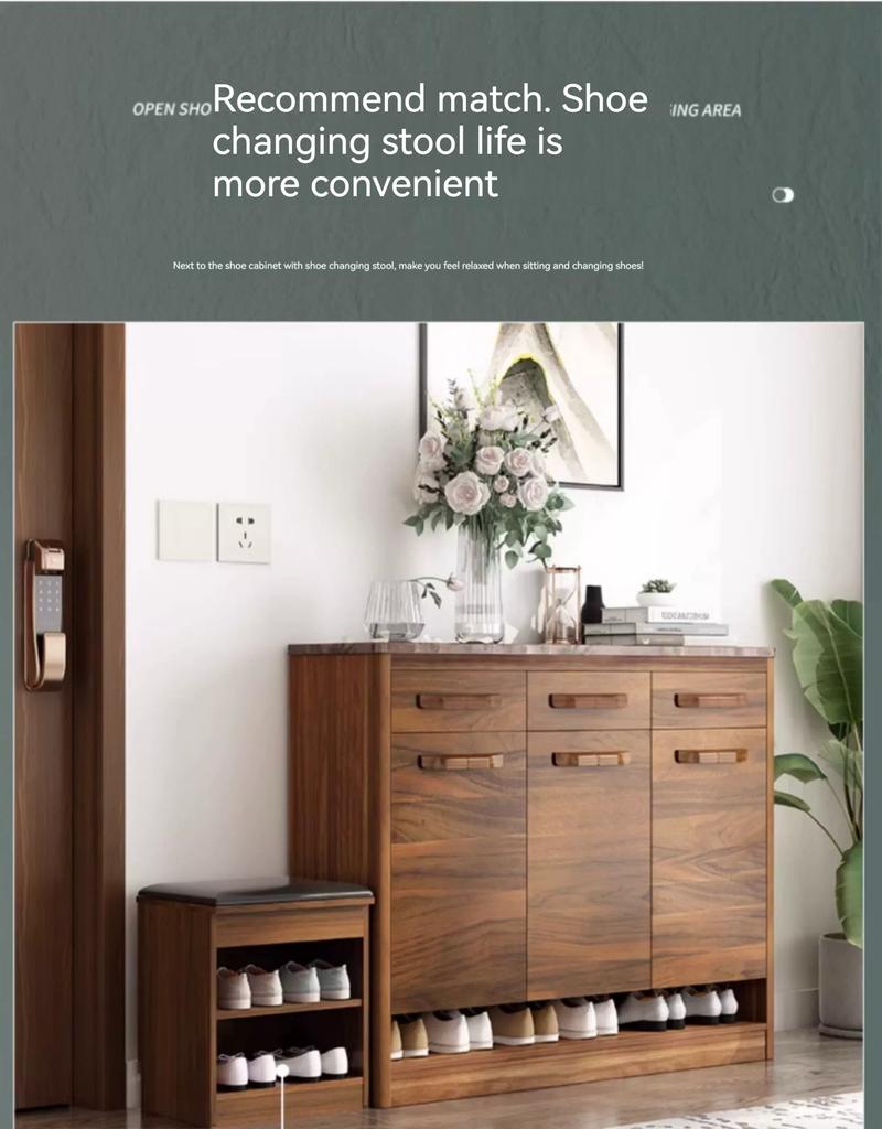 Product Introduction of 【Pre-order】Walnut colored solid wood large capacity shoe cabinet for home use, outdoor hallway, elevator entrance, marble balcony storage cabinet 19