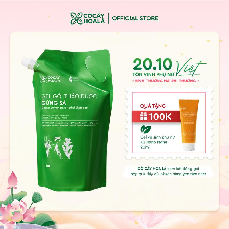 Túi Refill Gel Gội Thảo Dược Gừng Sả Cỏ Cây Hoa Lá 1000g - Dưỡng Tóc Bồng Bềnh - Hỗ Trợ Giảm Bết - Tặng Dung Dịch Vệ Sinh X2 Nano Nghệ 20ml