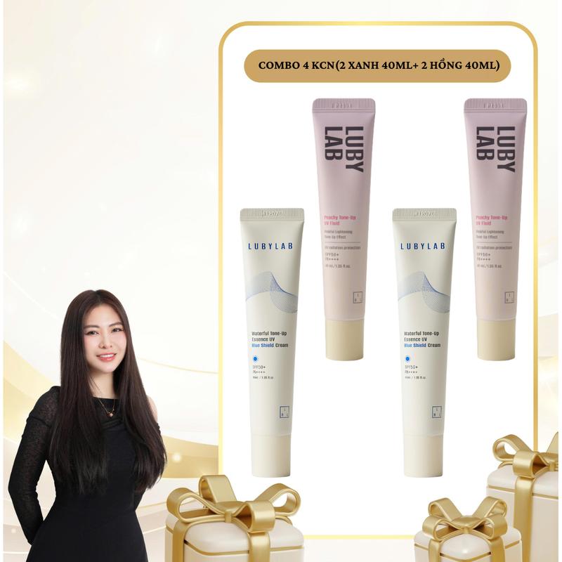 SN1944 - Combo 4 tuýp kem chống nắng Lubylab 2 Tuýp Kem Chống Nắng Waterfull Tone-up Essence UV Blue Shield SPF50+ PA++++ 40ml + 2 Kem Chống Nắng Lubylab Chống Nước Kiềm Dầu Peachy Tone Up UV Fluid SPF50+PA++++ 40ML