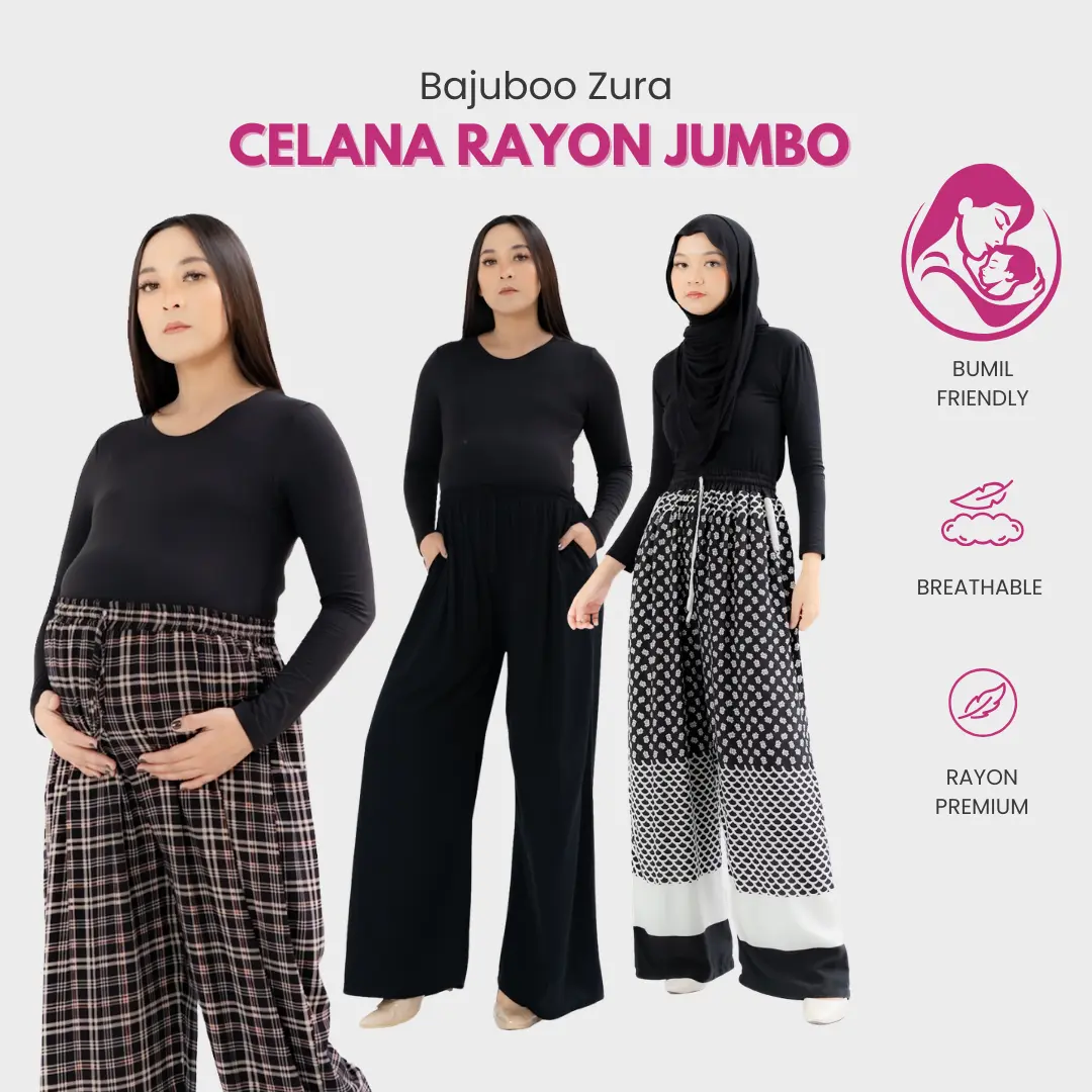 Bajuboo Zura - Celana Kulot Highwaist JUMBO Bumil Friendly Rayon Motif Viscose