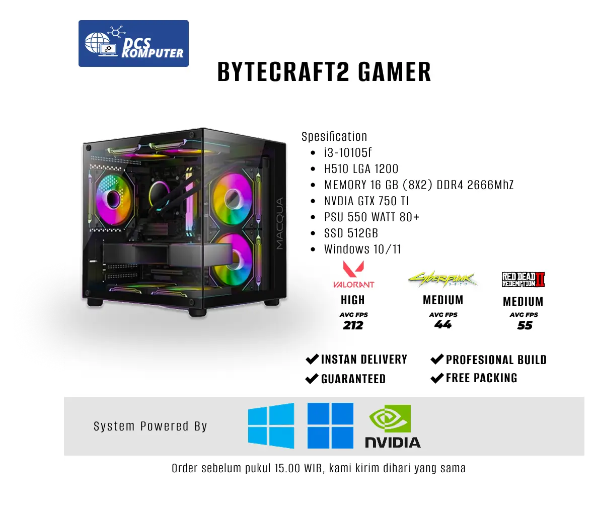 Pc Komputer Rakitan Intel i3-10105f GTX 750 Ti untuk Gaming Editing livestreaming Mirroring Cpu Only