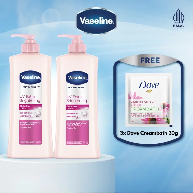 [BUY 2 FREE 3 Dove Creambath 30g] Vaseline Lotion UV Extra Brightening 400ml isi 2 0