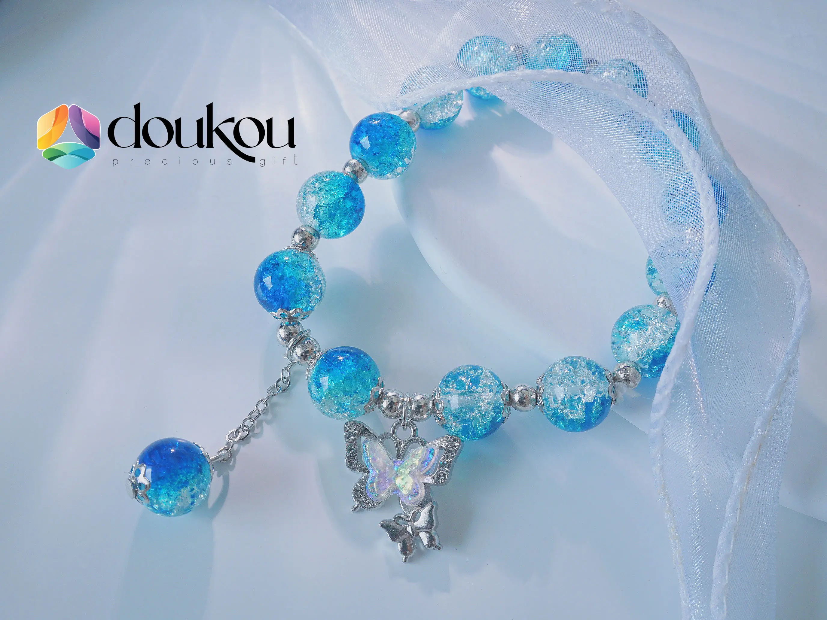 Chic Accessory, Sparkling Butterfly Glass Charm Bracelet for Women