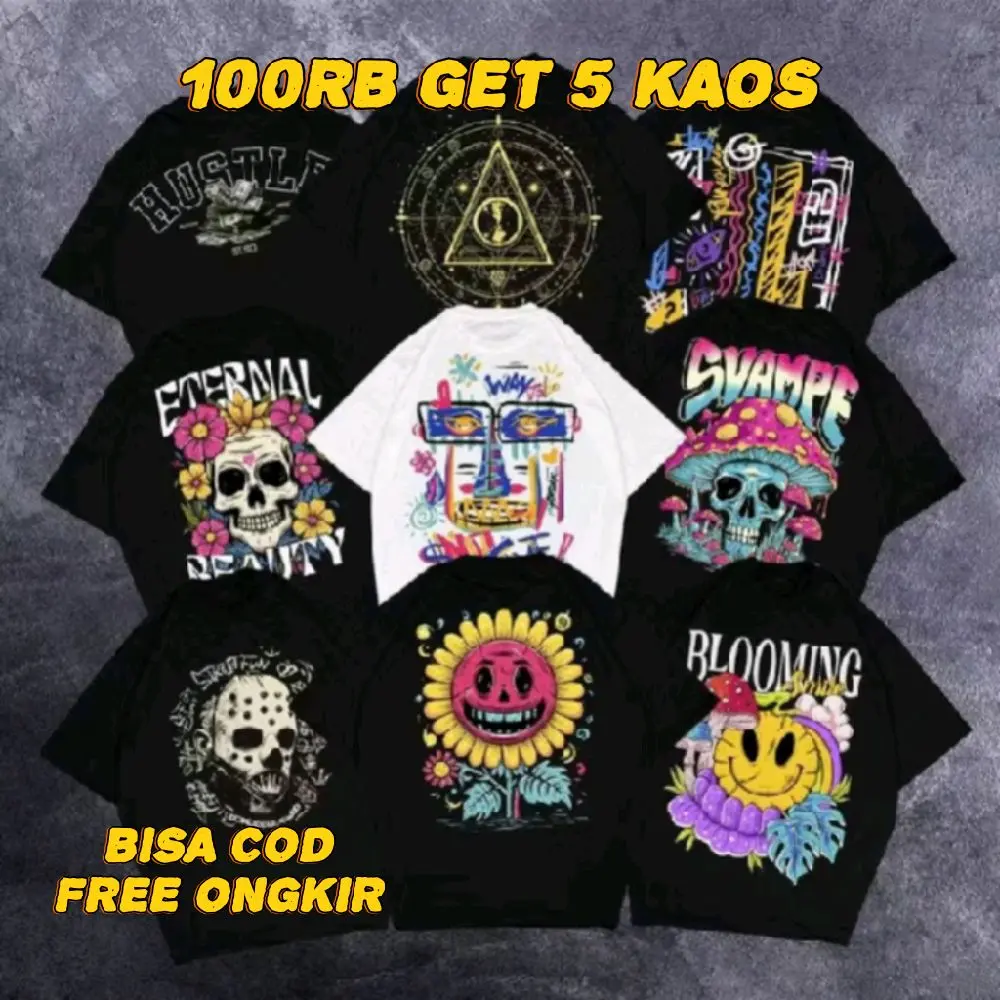 Paket Hemat 100 Dapat 5 Baju Kaos Distro Pria Wanita Trendy Terbaru Keren Motif Unik Katun Combed