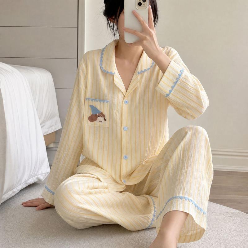 Bộ ngủ nữ dài tay cotton mây viền thêu túi hình cún đang yêu dễ thương kẻ sọc basic xinh sắn pijama thu đông