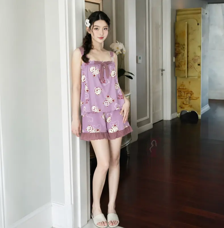 SH | One Set Arzoyi Setelan Wanita Bahan Viskin Sleeveless Hotpants Motif Beruang variasi 4