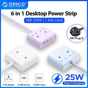 ORICO 4-Color Square Travel Power Strip with 25W Output 6-in-1 Desktop Power Board 1.6M Extension Cable Compatible with iPhone and Tablets（PDC25）