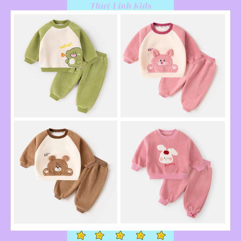 Bộ quần áo thu đông bé trai bé gái, chất liệu nỉ bông hoạ tiết dễ thương cho bé 8-18kg