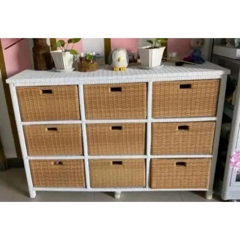 (Ready Stok) Lemari Rotan Sintetis Laci 9 Rak Buku Susun  Kayu Meja Plastik Penghemat Tempat Furniture