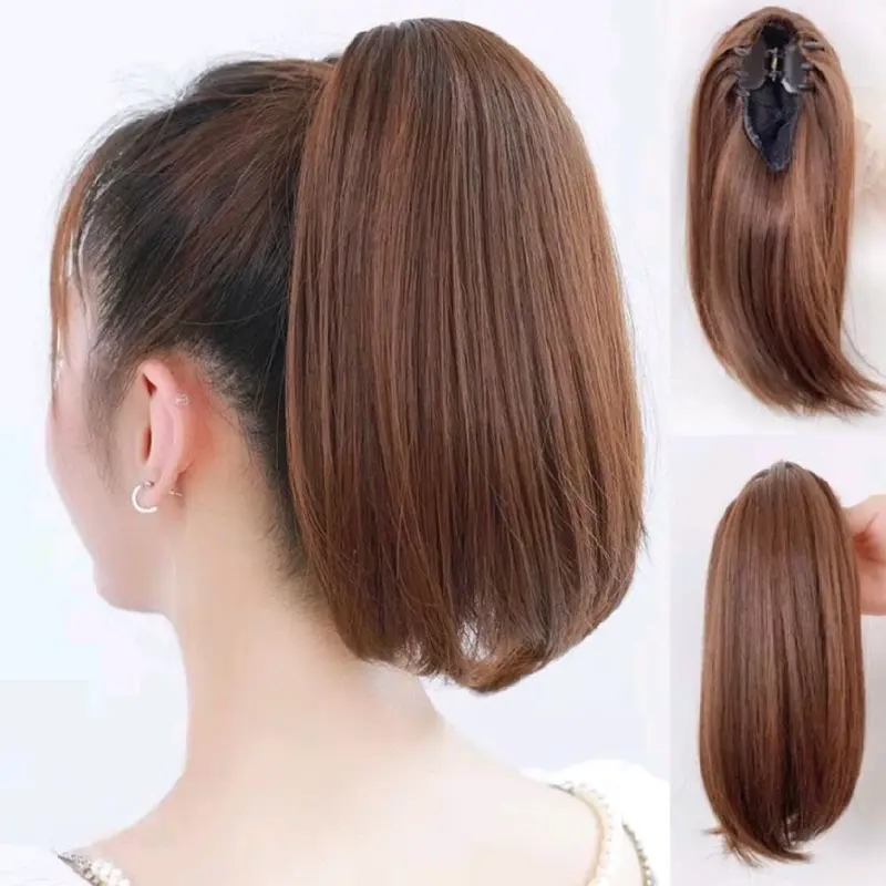 Hairclip Ponytail Rambut Palsu Capit Lurus 30cm Ponytail AESRORA Korea Cepol Hairbun Capit Rambut Wanita Coklat 3