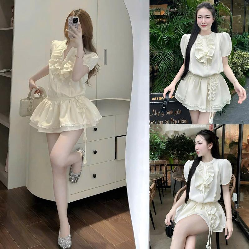  Sét Áo Tay Phồng Phối Bèo Ngực Phối Chân Váy Tầng Viền Ren Đính Hoa Có Quần Trong Quyến Rũ Nữ Tính Dịu Dàng Thanh Lịch Sang Trọng Dễ Thương  - Free Size - Women Top Màu ĐEN- ĐỎ 