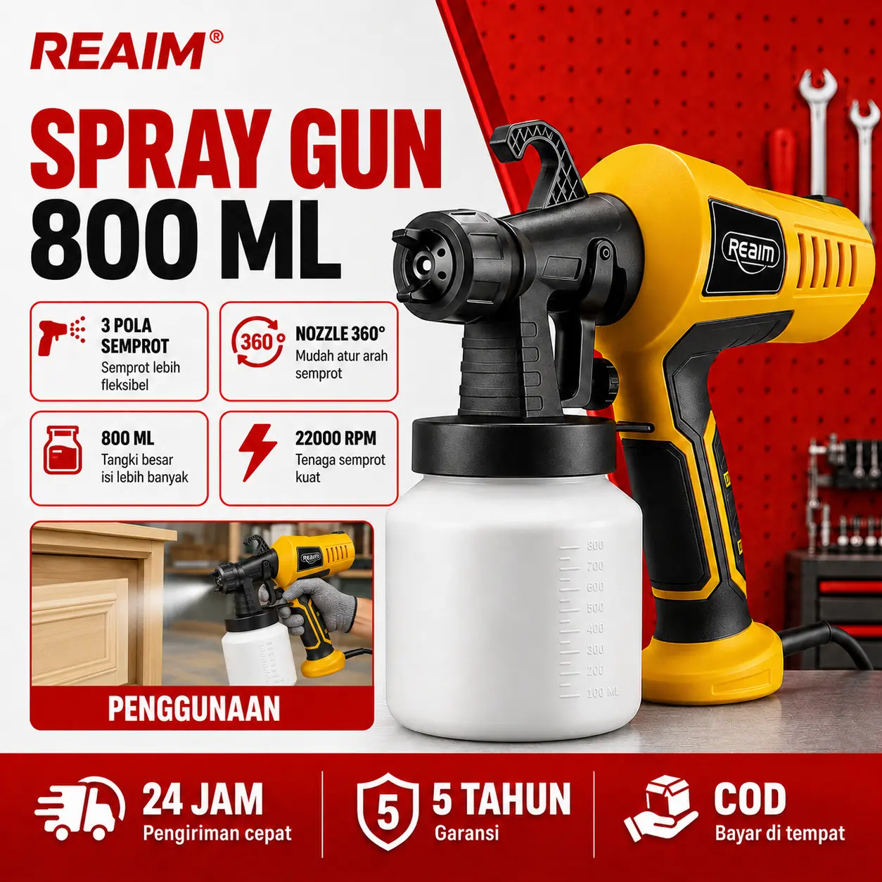 REAIM Electric Spray Gun 800ML 450W Mesin Cat Semprot Listrik Spray Gun Elektrik HVLP Alat Semprot Cat dengan Nozzle Adjustable Mesin Cat Semprot Elektrik