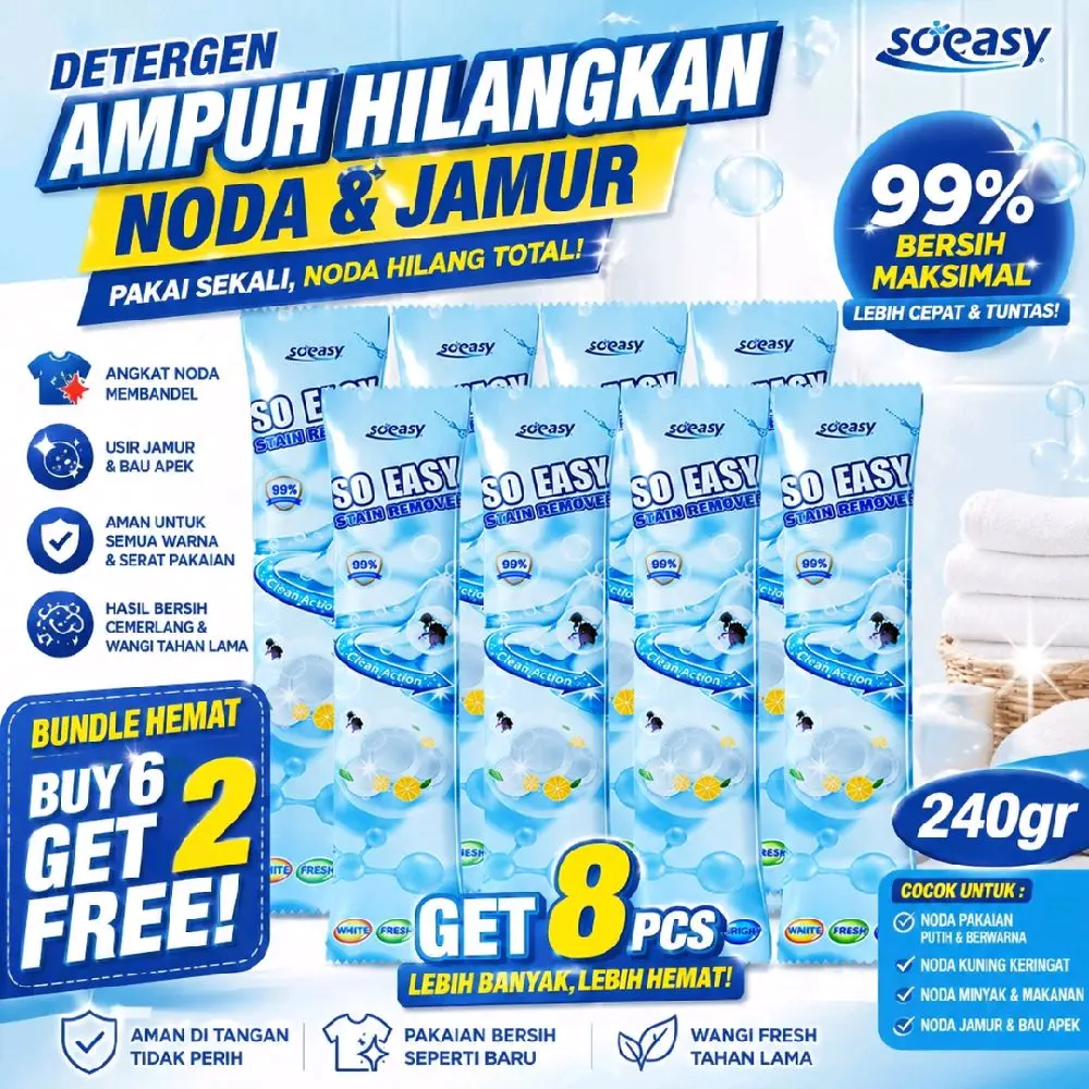 SocEasy Detergen Ampuh Hilangkan Noda & Jamur 240gr Bundle Hemat Buy 6 Get 2 Free 8 Pcs Lebih Banyak Lebih Hemat